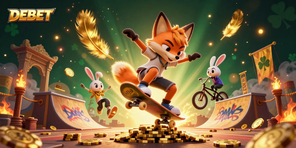DEBET showcases a vibrant 3D scene with a skateboarder fox and BMX rabbit over golden poker chips.