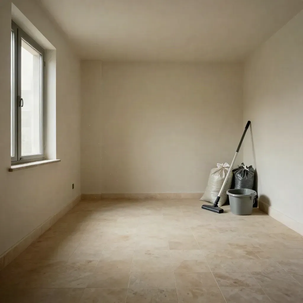 Yeni bina çıkış temizliği sonrası boş daire, köşede torbalar ve silinmiş pencere kanalı