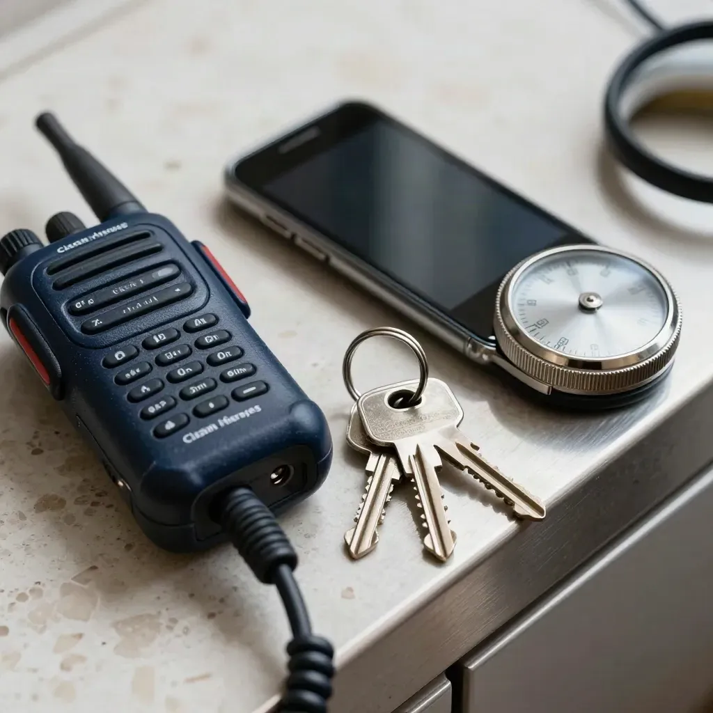 Operasyon ekipmanları: telsiz, anahtarlık, boş ekranlı telefon ve metal zamanlayıcı, yakın makro.