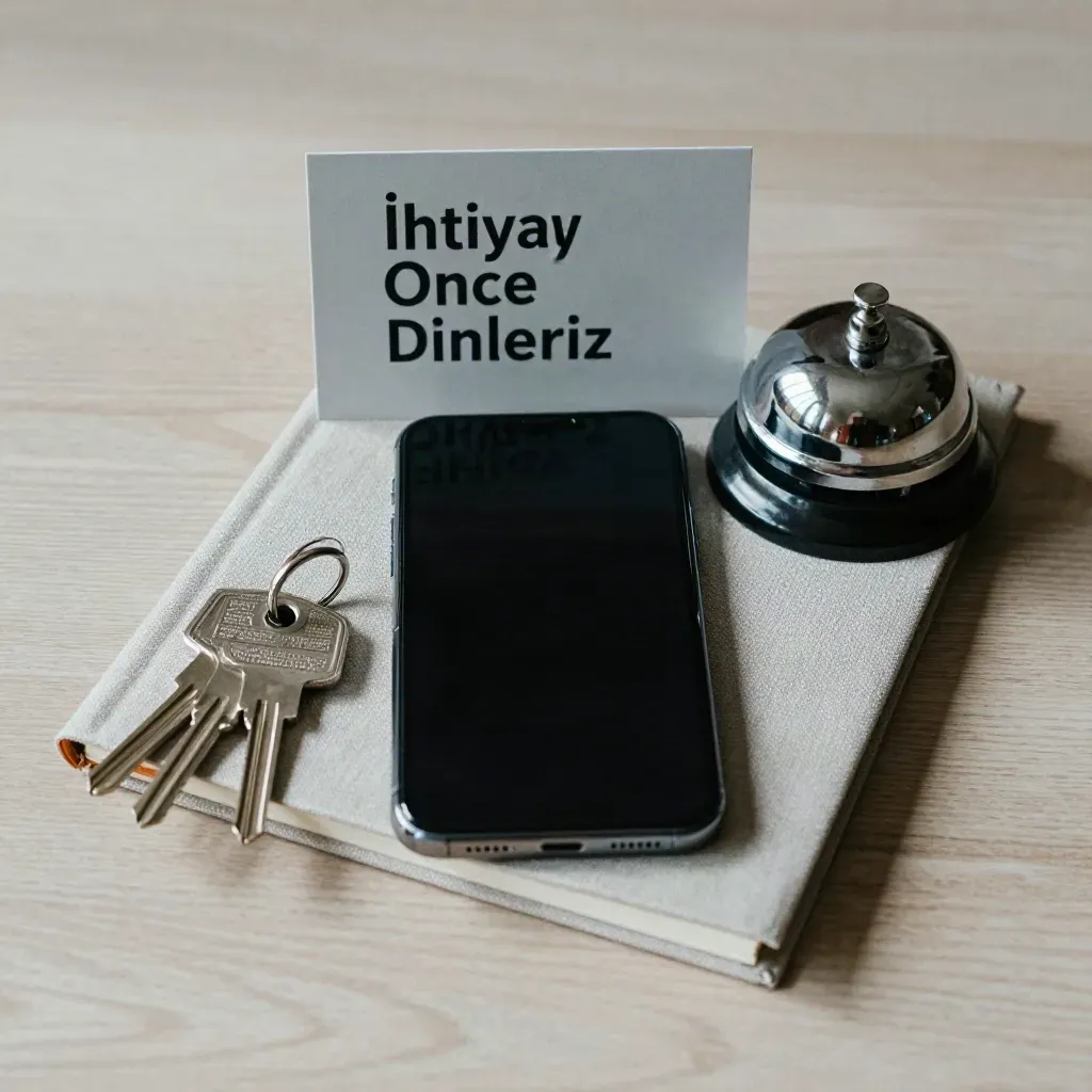 Ahşap zeminde telefon, anahtarlar, zil ve defter kapağı olan düzenli servis ön görüşme sahnesi.