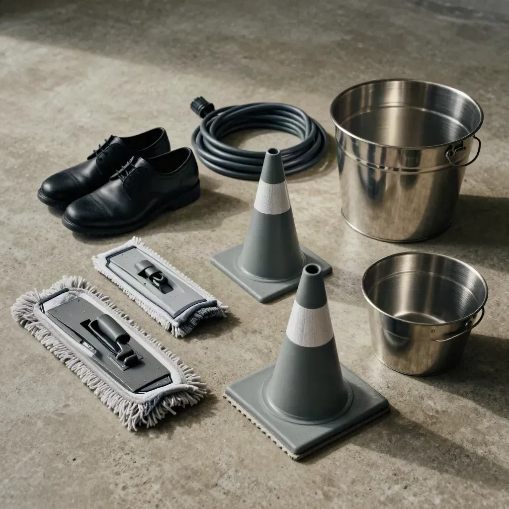 Beton zeminde dizilmiş iş ayakkabıları, kablo, mop başlıkları, mini koni ve paslanmaz kova kenarı.