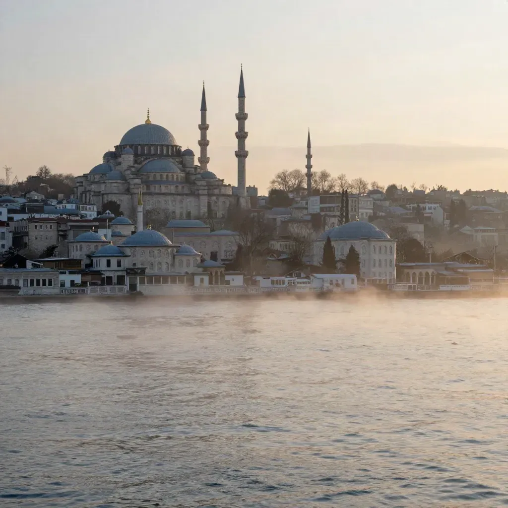 Boğaz'dan İstanbul Avrupa silueti, sisli su ve üstte tarihi yarımada kubbeleri.