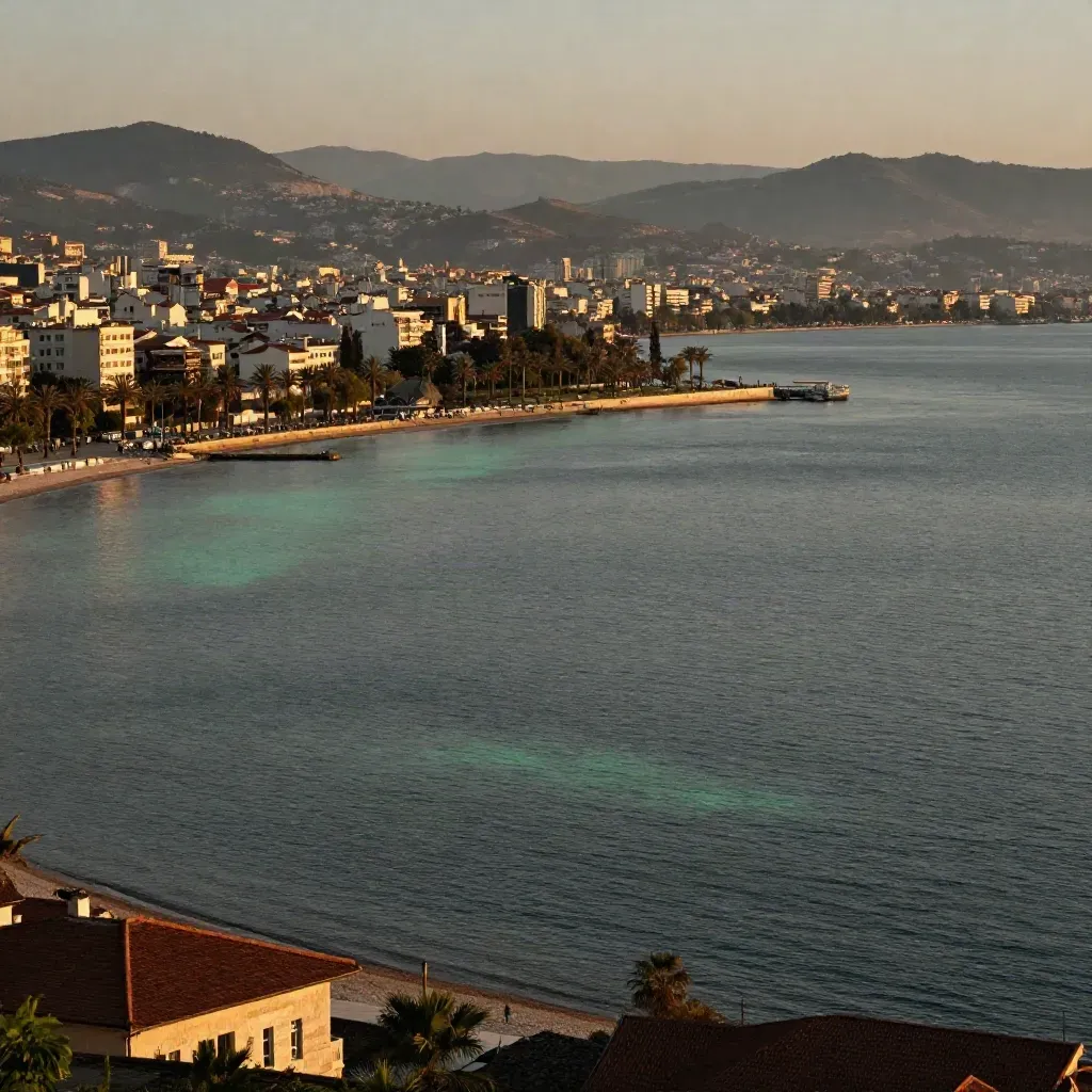 İzmir Körfezi’nin gün batımına yakın sakin, sisli geniş manzarası.