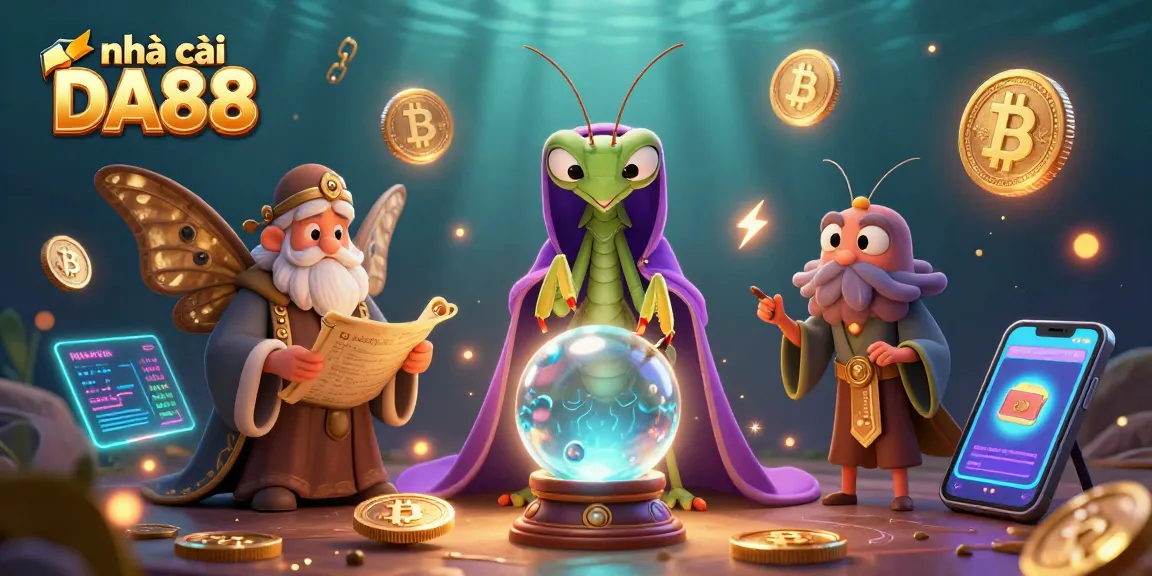 Engage with nhà cái DA88 in an enchanting casino scene with cryptocurrency elements and mystical characters.