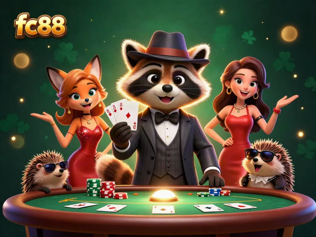 Engage in thrilling poker action with fc88, featuring a suave raccoon and fox lady at the table.