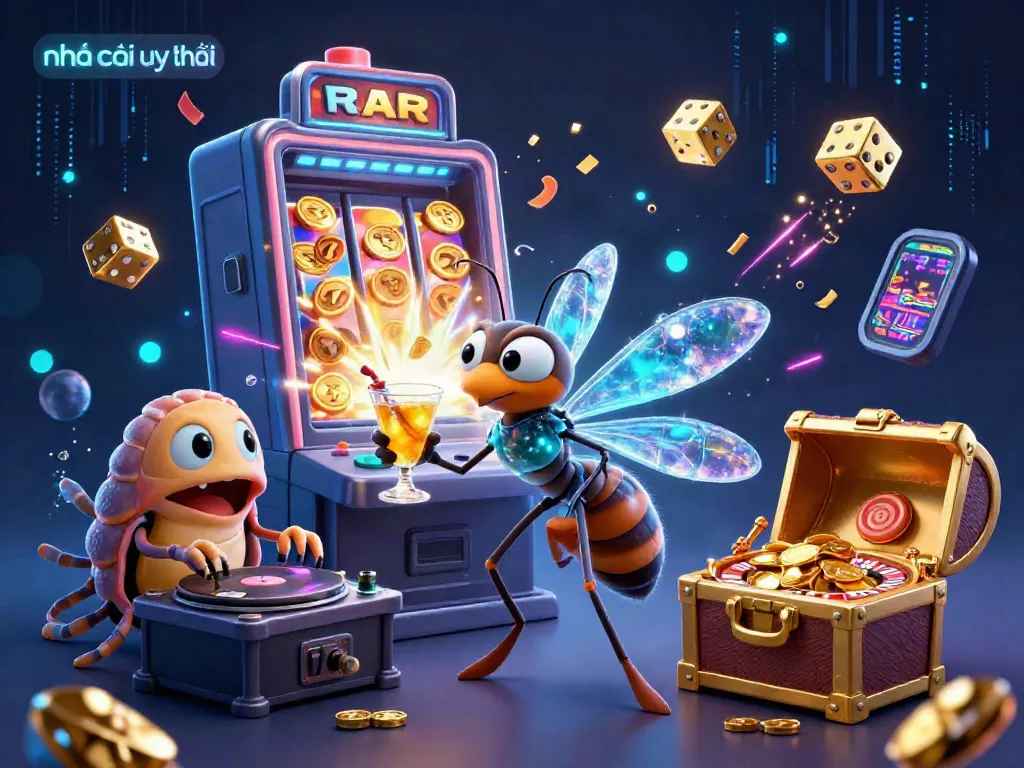 Experience the thrill of nhà cái uy tín with a vibrant 3D casino scene featuring a mosquito mascot and dynamic game elements.