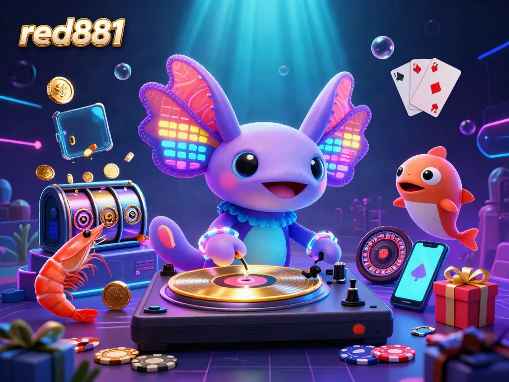 Experience the vibrant world of red881 with an energetic underwater casino scene showcasing a neon axolotl DJ, slot game elements, and lively aquatic characters.