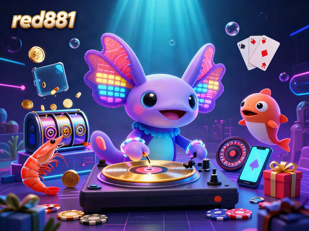 Experience the vibrant world of red881 with an energetic underwater casino scene showcasing a neon axolotl DJ, slot game elements, and lively aquatic characters.