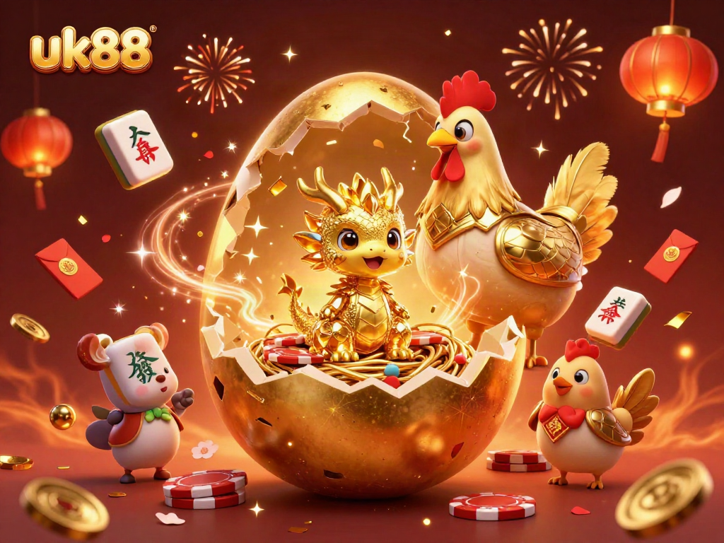 Engage in exciting gaming experiences at UK88 with a dazzling golden dragon and poker chips.