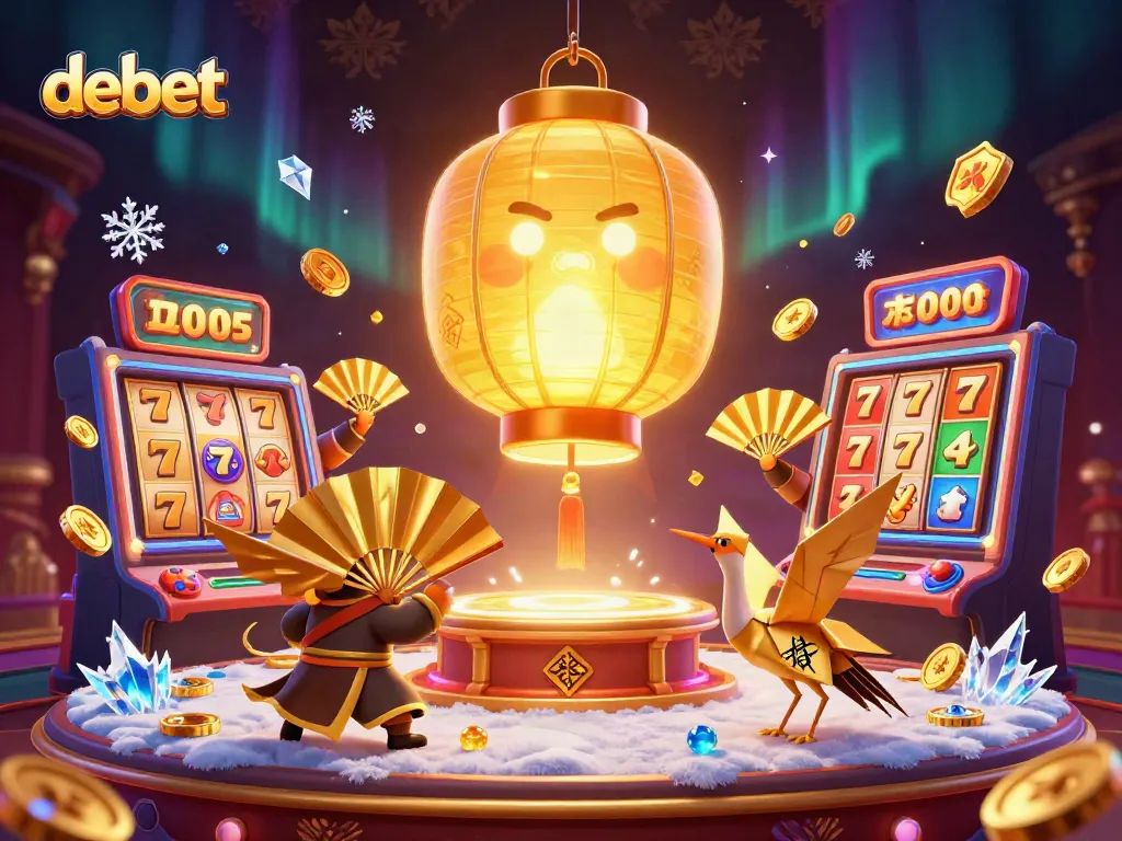 Join the debet gaming excitement as lantern spirits illuminate a vibrant casino with dazzling slots and symbols.