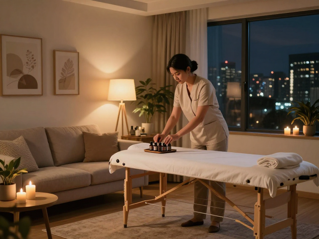 Experience premium 출장안마 with a tranquil home massage setup featuring essential oils and warm lighting.