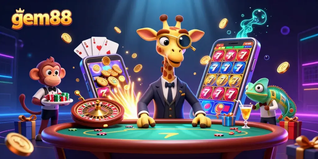 Join the action at gem88 with a high-roller giraffe, monkey valet, and cocktail-mixing chameleon amid vibrant casino elements.