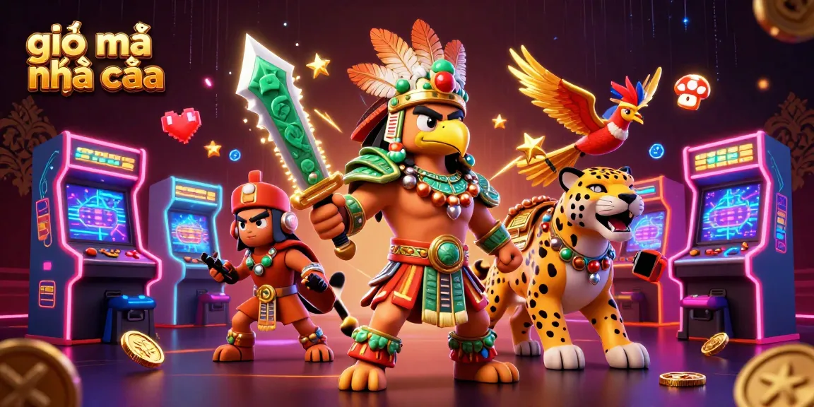Play casino games at giải mã nhà cái with Aztec warriors and gold coins around them.