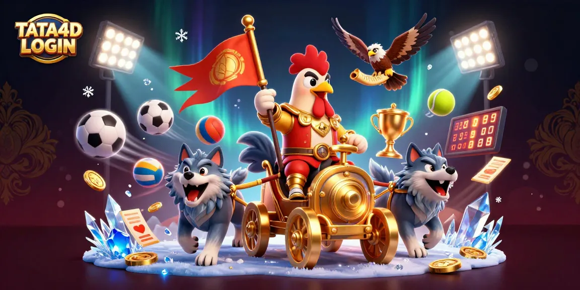 TATA4D LOGIN showcases an intense sports betting scene with a cartoon warlord, sports balls, and gold elements.