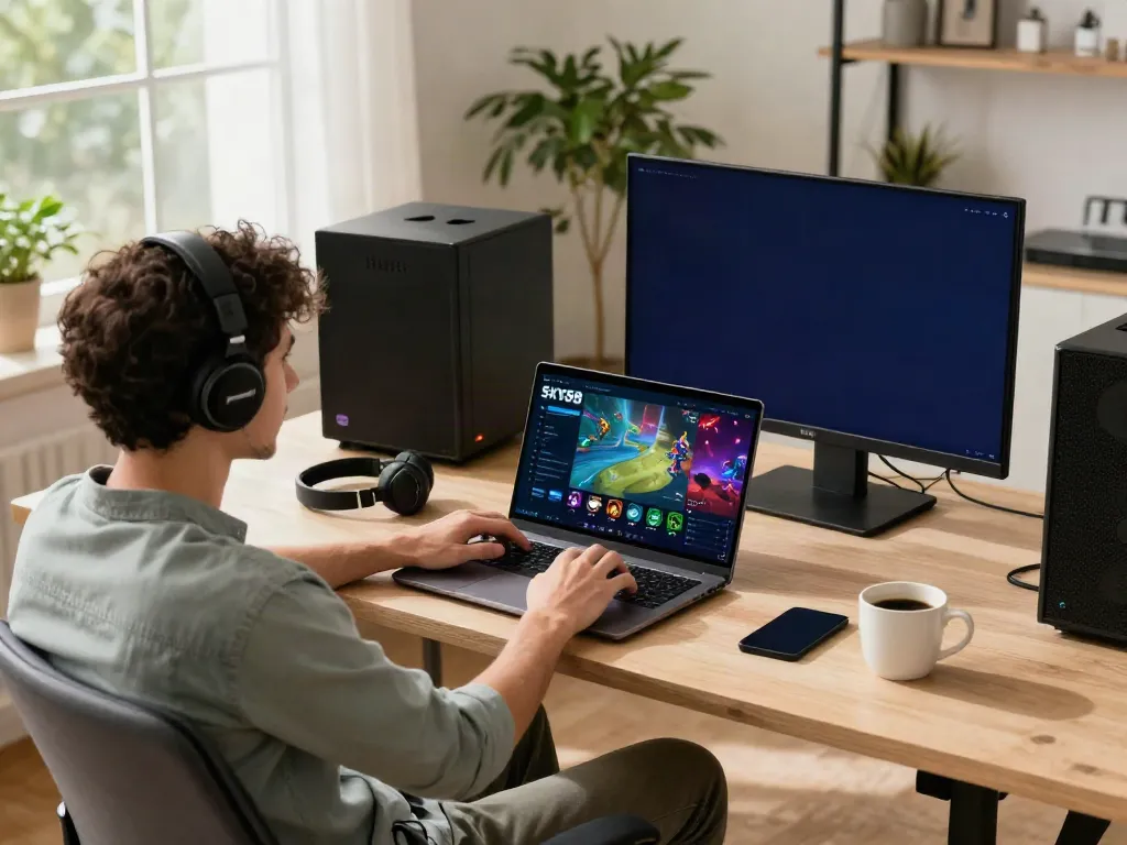 Engaging with SKY88 gaming platform in a cozy home office setting.