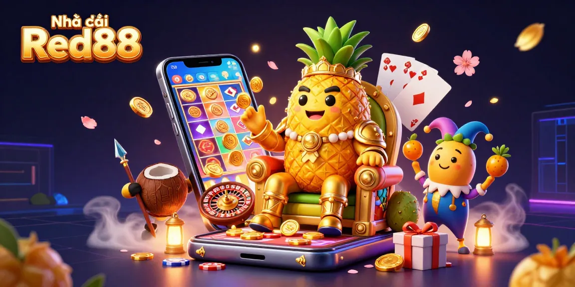Spin thrilling games at Nhà cái Red88 with vibrant golden characters and rich casino elements.