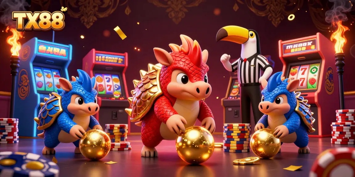 Experience thrilling TX88 gaming with rival pangolins in an action-packed casino scene.