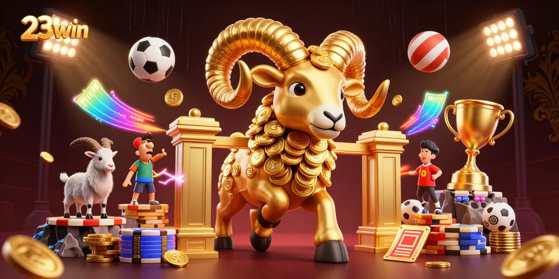 Engage in thrilling play at 23win with vibrant casino elements and a dynamic 3D golden ram illustration.