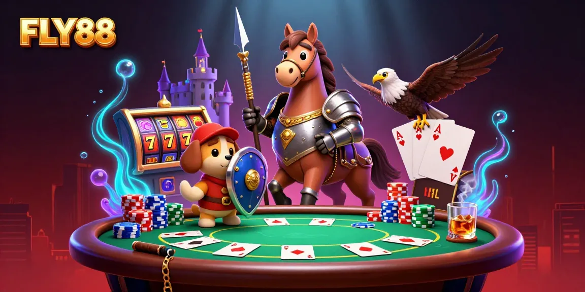 FLY88 features a knight, squire, and falcon amidst a lively poker scene, showcasing gambling action.