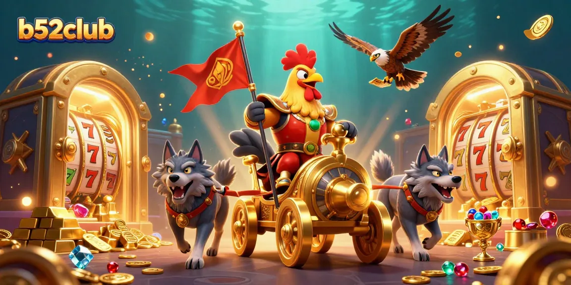 Experience excitement as b52club's rooster warrior leads a golden chariot amidst treasures and slot reels.