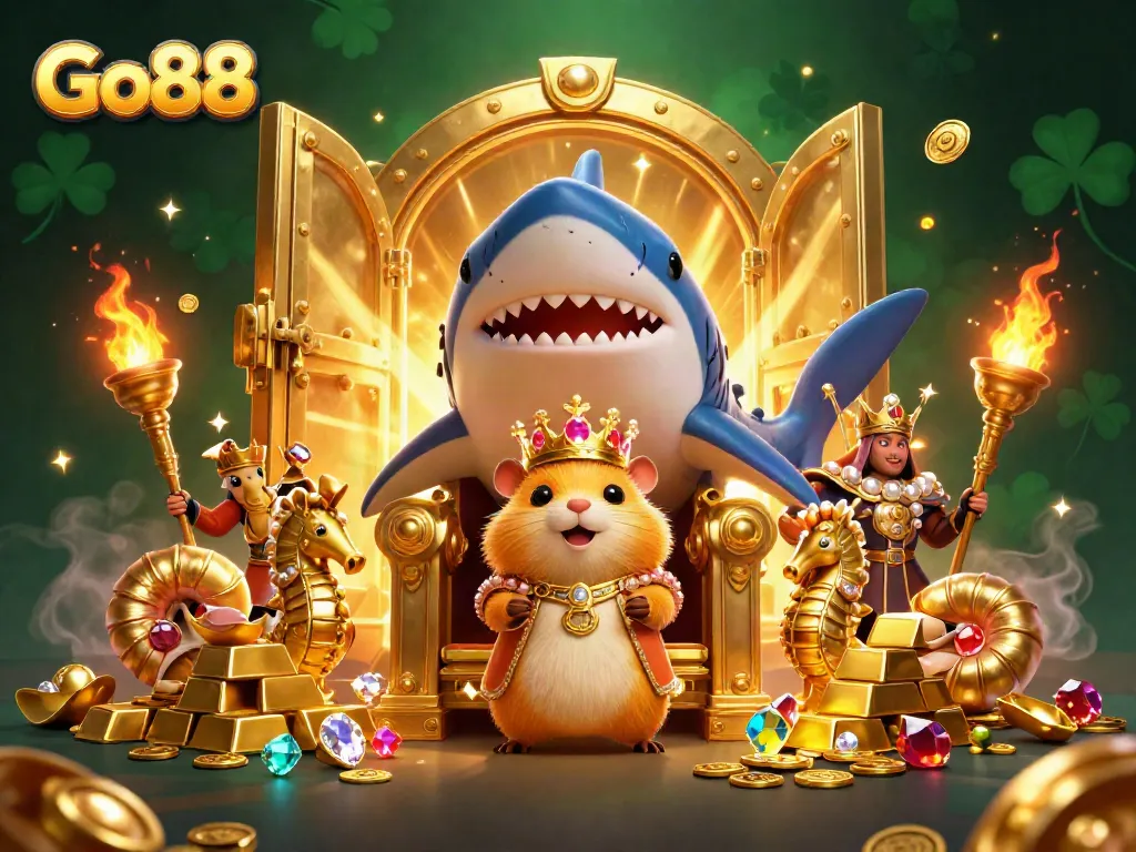 Experience excitement with Go88's stunning 3D illustration showcasing a vibrant casino scene with treasures and royalty.