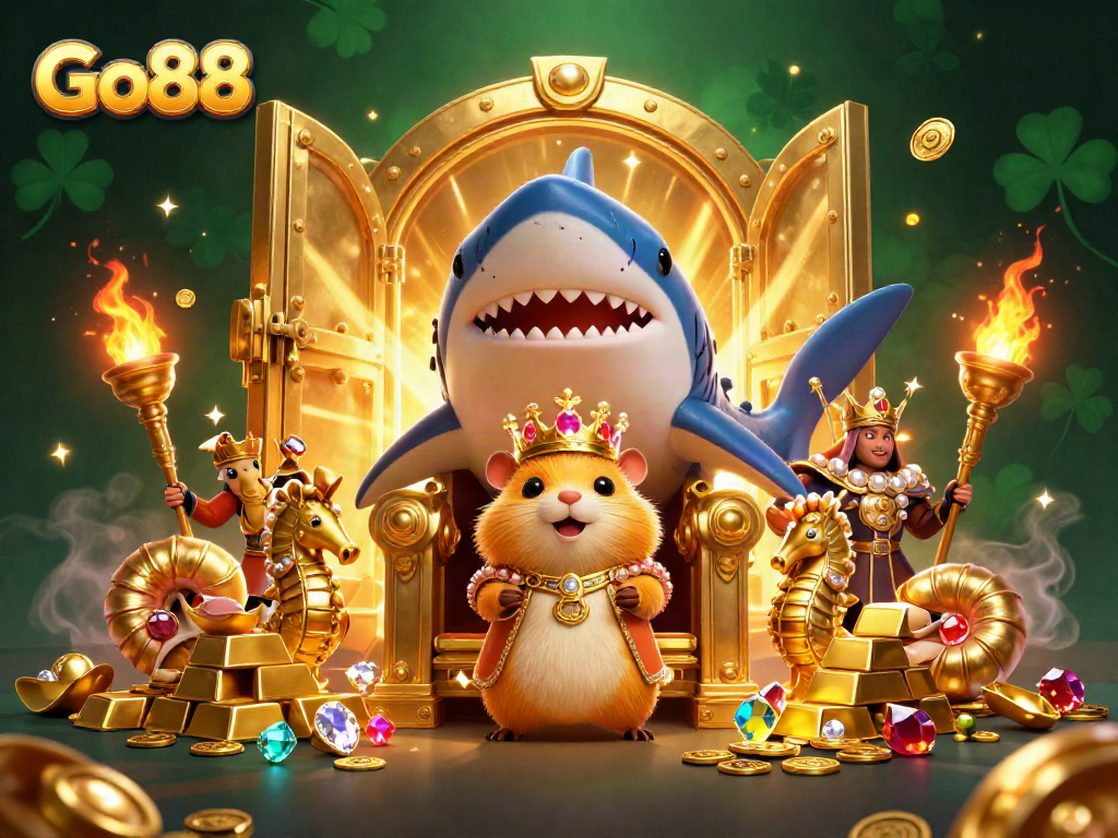 Experience excitement with Go88's stunning 3D illustration showcasing a vibrant casino scene with treasures and royalty.