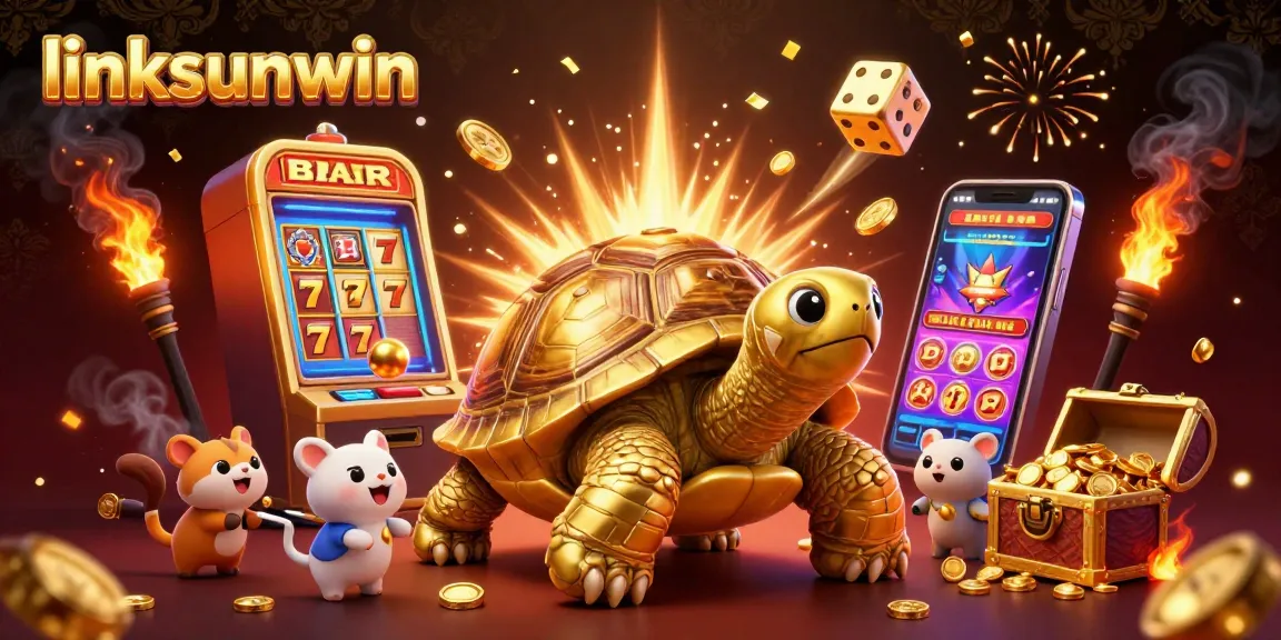 Experience the excitement of linksunwin's casino with a whimsical 3D illustration featuring a golden tortoise pinball machine and slot machine jackpot.