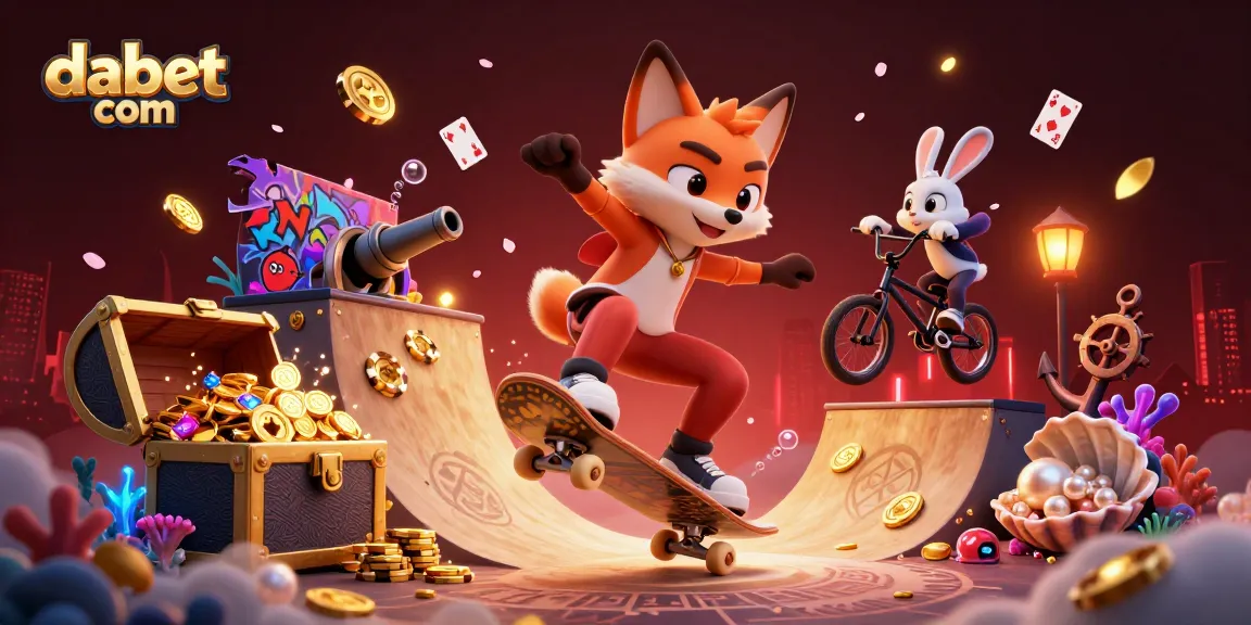 Engaging cartoon fox and rabbit showcase dabet com's vibrant casino adventure with gold coins and playing cards.