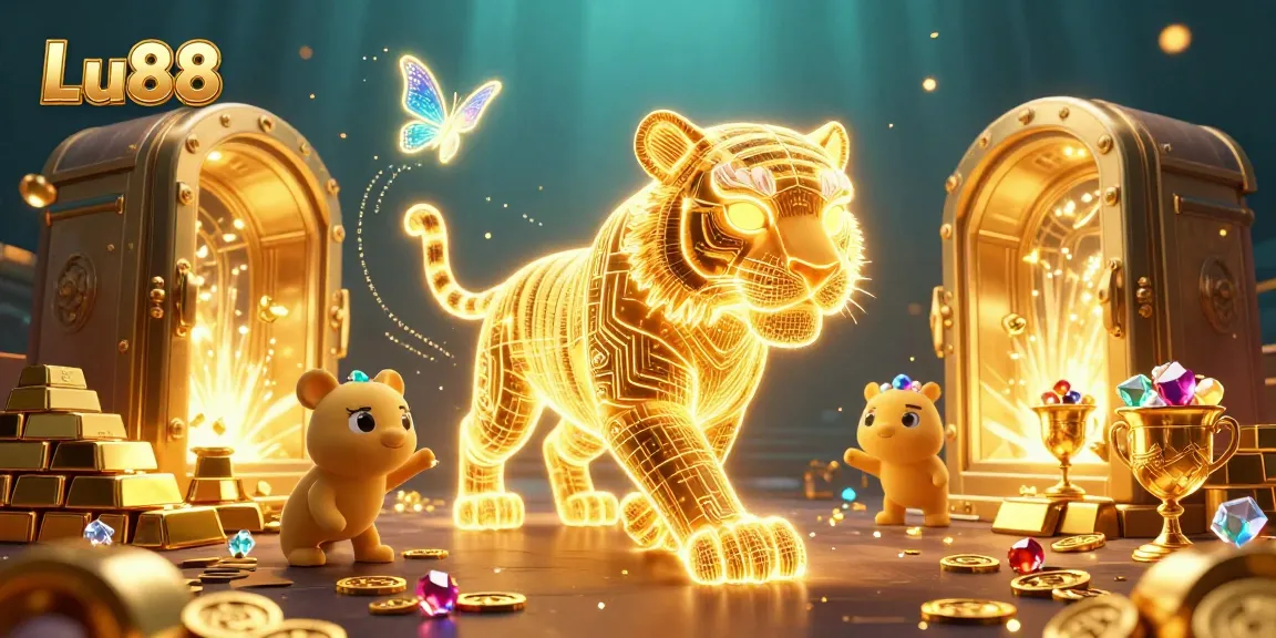 Experience the vibrant world of Lu88 with a neon 3D tiger amid a dazzling casino backdrop.