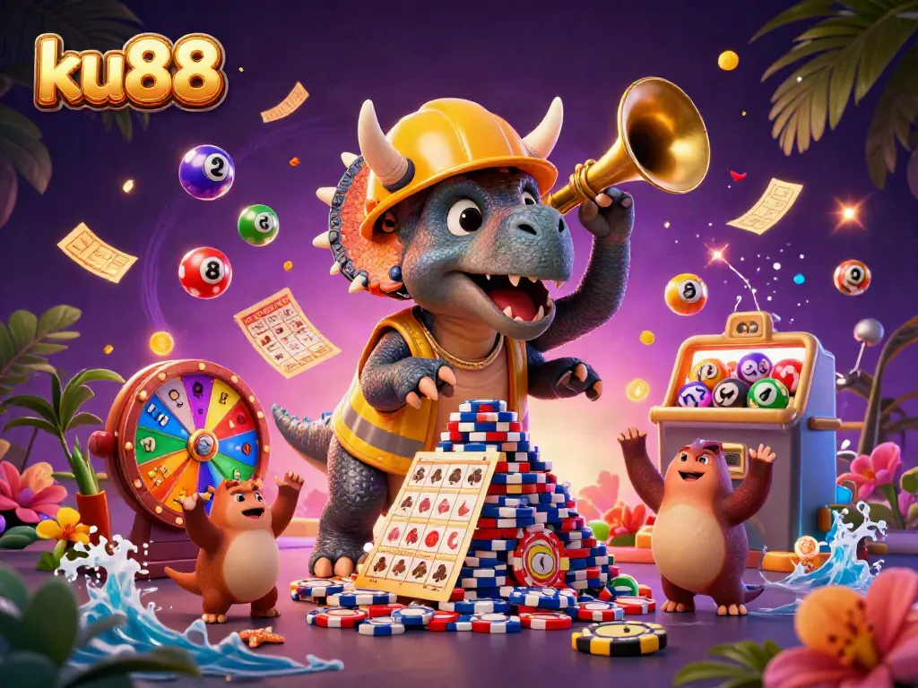Celebrate winnings at ku88 with vibrant characters and exciting casino elements in this 3D illustration.