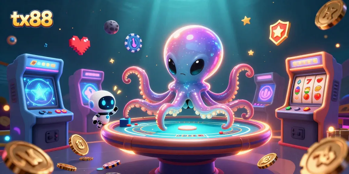 Join the fun at tx88 with a vibrant 3D casino scene featuring an alien octopus and robot!