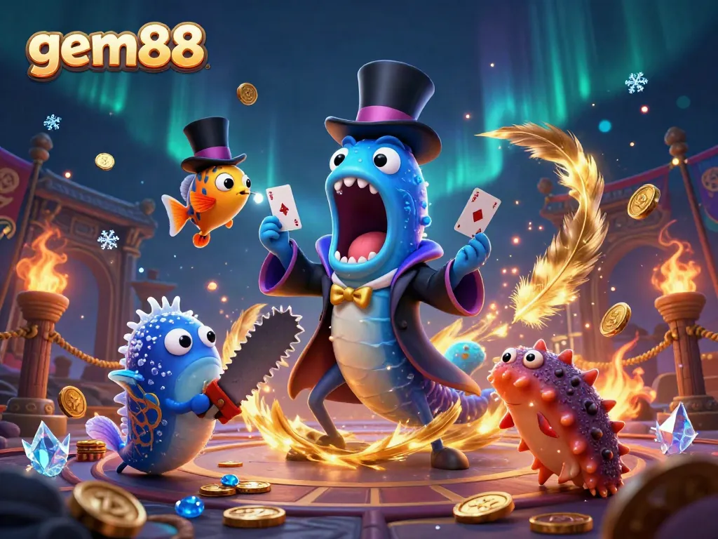 Engaging scene highlighting gem88 with animated characters performing in a vibrant casino atmosphere.