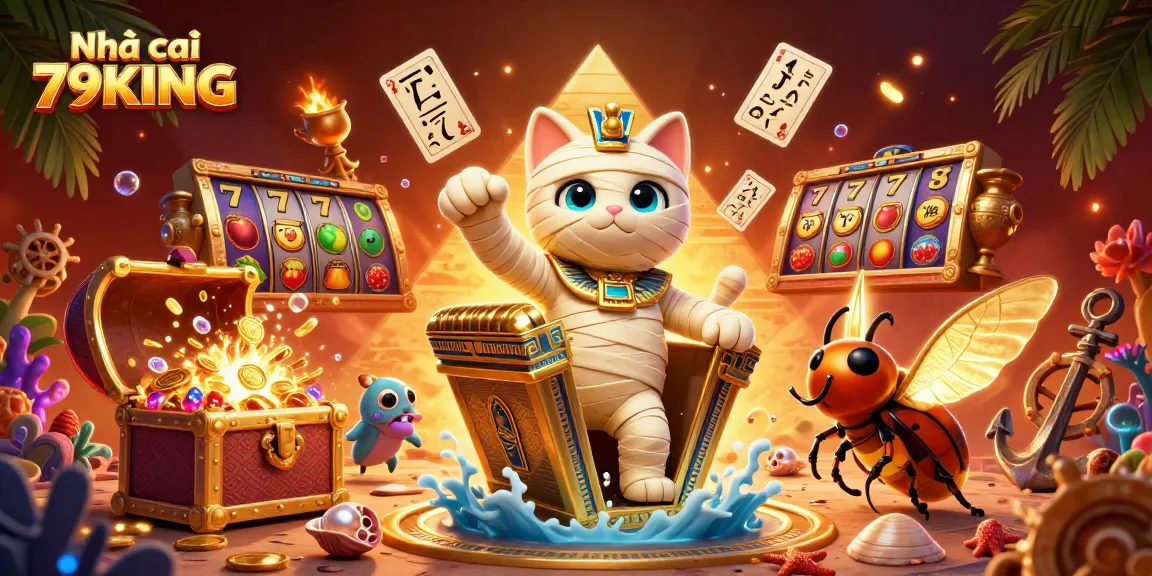 Play slots at Nhà cái 79KING featuring a cat mummy, golden treasures, and vibrant casino elements.
