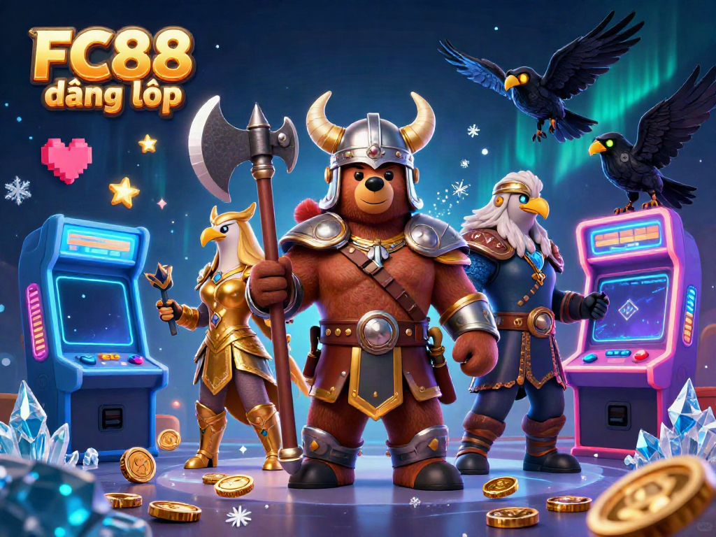 Experience dynamic gameplay with FC88 đăng nhập, featuring a Viking bear and Valkyrie eagle in a vibrant casino scene.