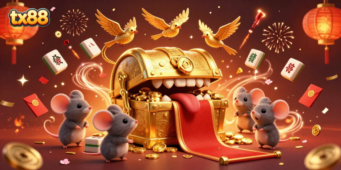 Engage with tx88 in a vibrant, celebratory 3D casino scene filled with treasures and game elements.