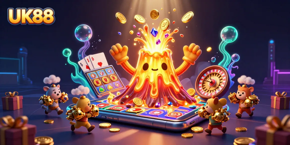 UK88 volcano erupts with coins as cartoon explorers collect treasures amidst dynamic gambling themes