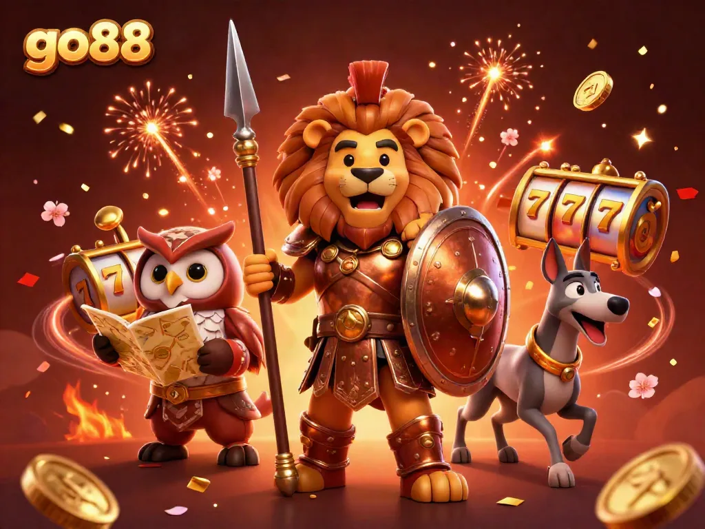 Experience go88 with a thrilling scene featuring a Spartan lion and casino elements like spinning slot reels and golden coins.