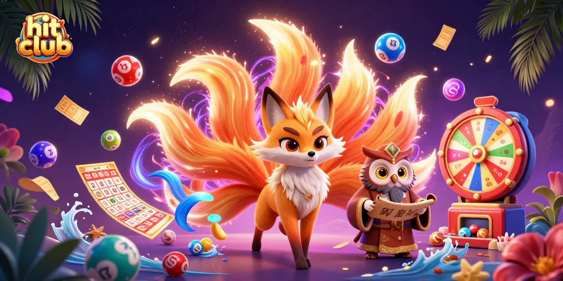 Engage with the vibrant hit club scene, where a nine-tailed fox and wise owl celebrate with colorful lottery elements.