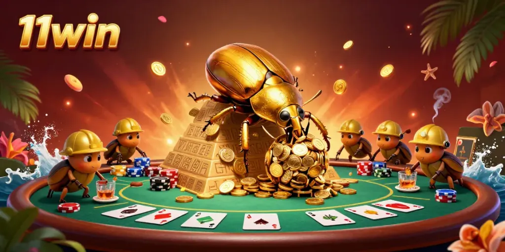 Engage with exhilarating 11win casino adventures as golden beetles navigate a treasure-filled landscape.