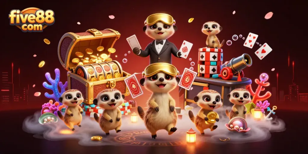 Win big at five88 com with a colorful meerkat casino amidst gold coins and magical elements!