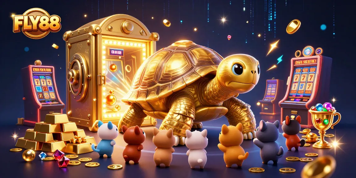 Experience FLY88's vibrant online casino atmosphere with a colossal golden tortoise and treasures.