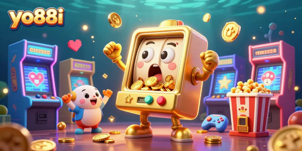 Experience excitement with yo88i's golden slot machine hitting jackpots amidst vibrant arcade games!