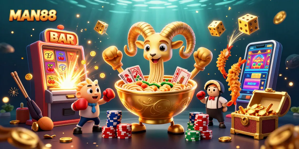 Experience thrilling betting action at MAN88 with lively characters and vibrant casino elements.