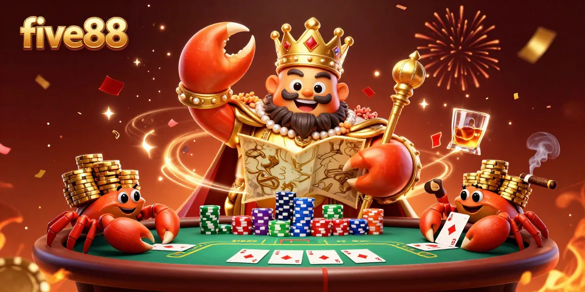 Experience five88 with an exciting golden crab emperor surrounded by poker elements and vibrant confetti.