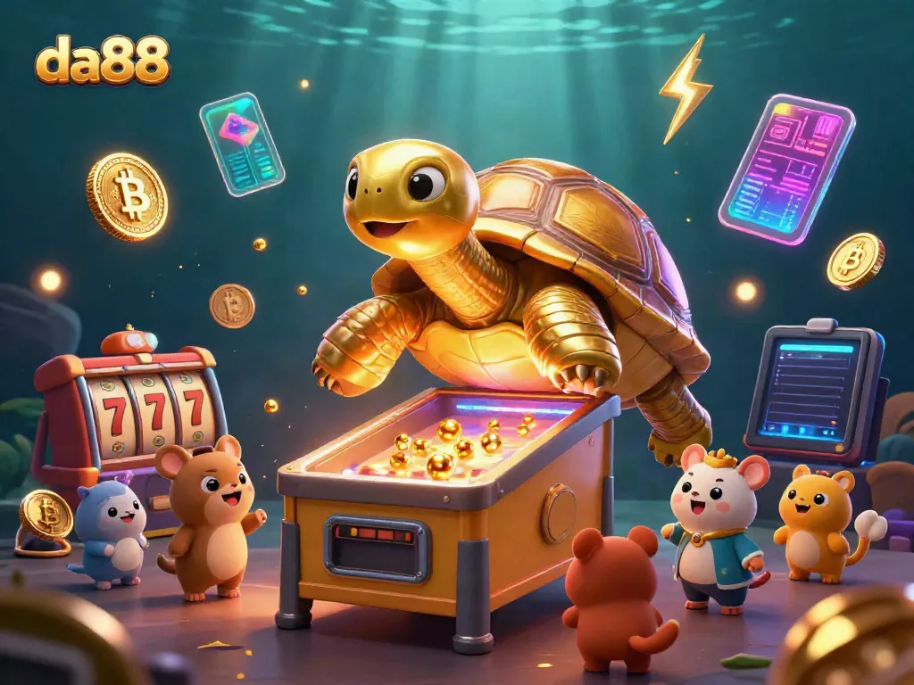Engage in thrilling gaming at da88 with a colossal golden tortoise pinball machine surrounded by vibrant slot elements.