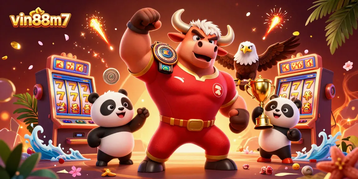 Unleash thrilling wins with vin88m7 and a powerful bull mascot celebrating a jackpot.