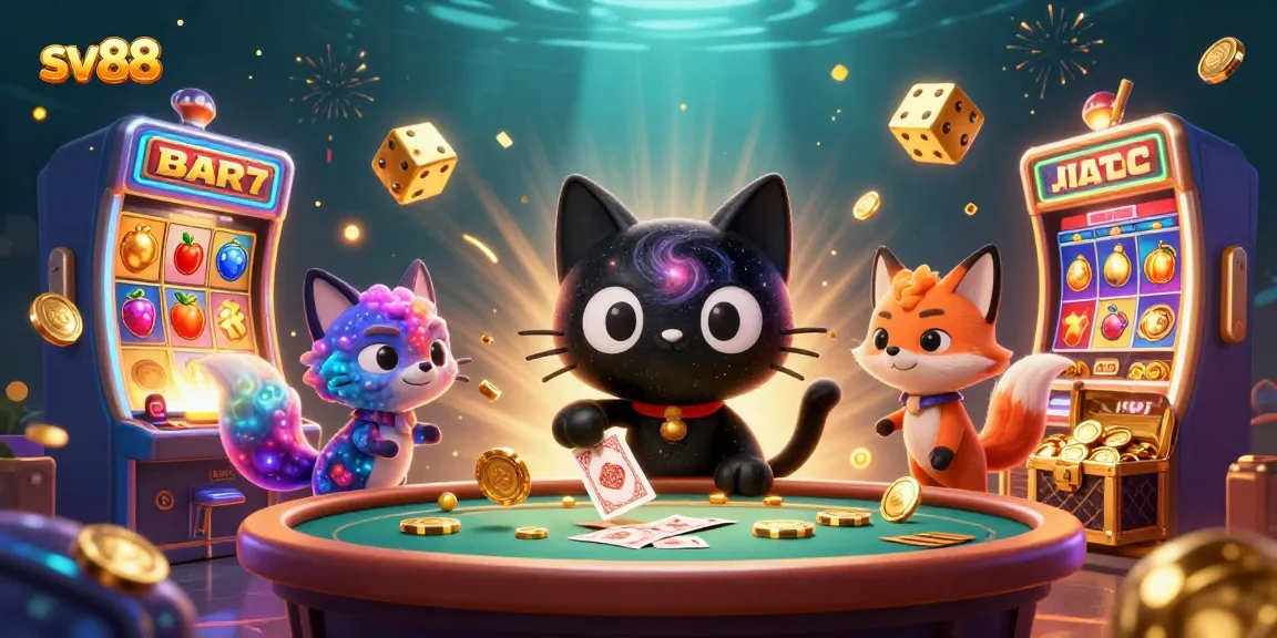 Experience sv88's captivating cosmic casino scene with jackpot slot machines and animated characters