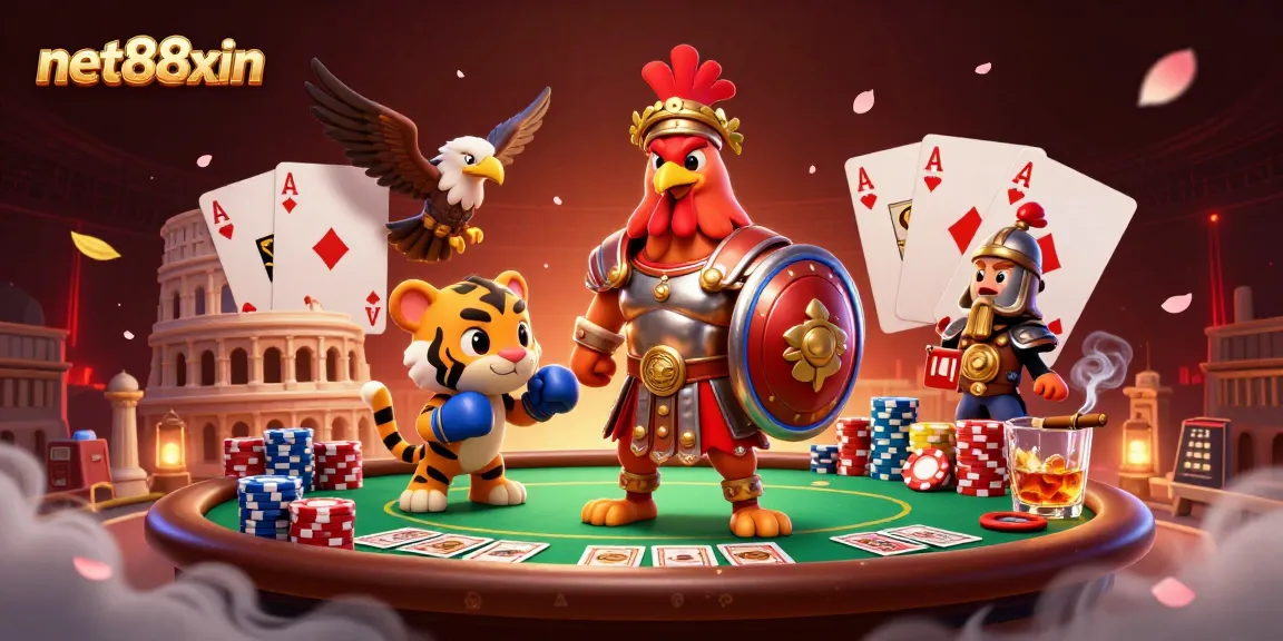 Engage with net88xin through a vibrant 3D illustration featuring a rooster contestant, poker elements, and a lively arena