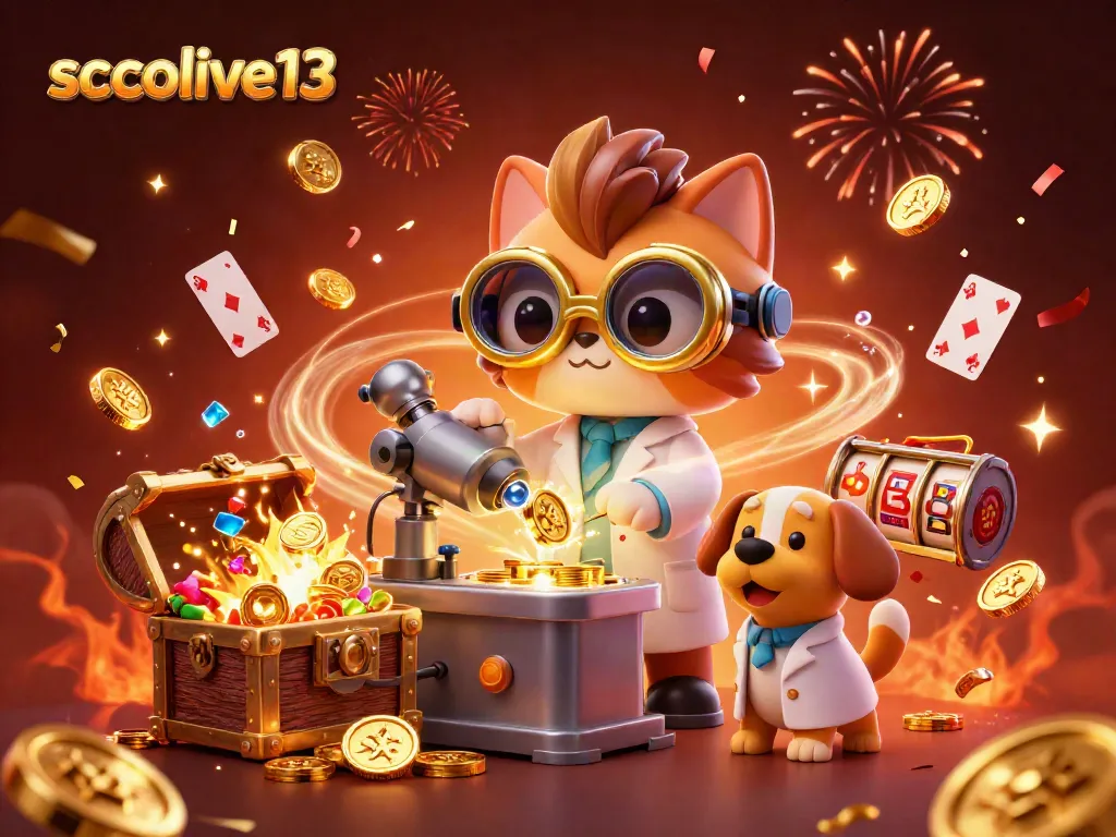 Engage with socolive13’s vibrant casino scene, featuring a mad scientist cat and dog crafting coins, surrounded by exciting gaming elements.