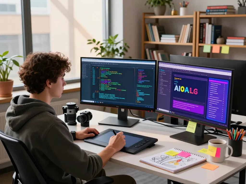 Creative workspace with a developer designing spicy AI interfaces and algorithms, vibrant tech atmosphere.